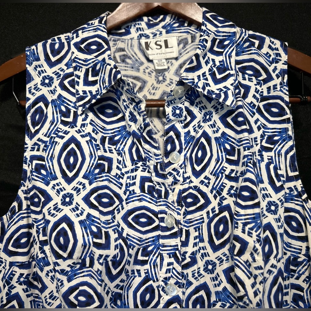 Vintage KSL Karin Stevens Sleeveless Button Down Geometric Blue Dress Size 16 - Picture 2 of 13